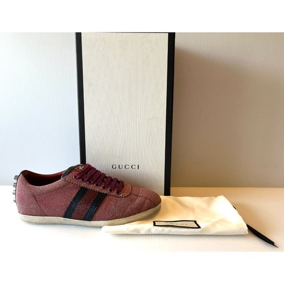Gucci Pink Glitter Striped "Bambi" Lace-Up Sneakers, Size 5 (US) 35 (EU) - Picture 1 of 10